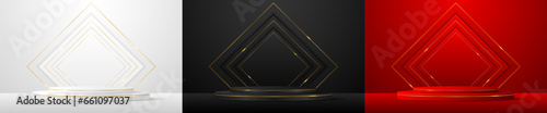 Set of white, black, red podiums with elegant gold lines for product presentation. Cosmetic product display. Stage or podium. vector illustration