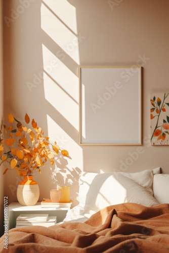 minimalist Scandinavian interior bedroom daylight frame canvas mock up in a curated cozy room setting, bohemian boho style with natural light and shadows editorial film look magazine home