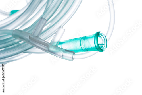 Oxygen tubing hose with onnector and silicone fitting, component for controlled delivery of medical-grade oxygen, closeup isolated on white background photo