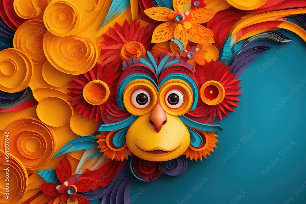 Happy cartoon monkey with flowers and leaves on a blue background. Abstract background for International Monkey Day Happy cartoon monkey with flowers and leaves on a blue background. Abstract background for International Monkey Day