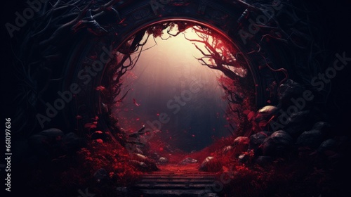 Mystical fantasy forest landscape with magic portal.