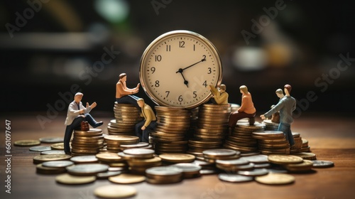 Clock and pile of money on wooden table with overworked businessman The concept of overtime and life balance photo