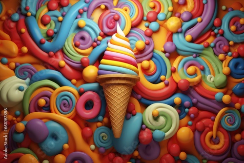 Ice cream cone with colorful swirls background. Abstract background of Ice Cream Day