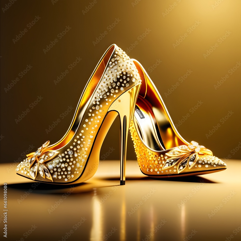 Glamorous gold high heels exude elegance and luxury indoors. - obrazy, fototapety, plakaty 