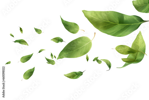 Flying green leaves in the air isolated on transparent background cutout PNG