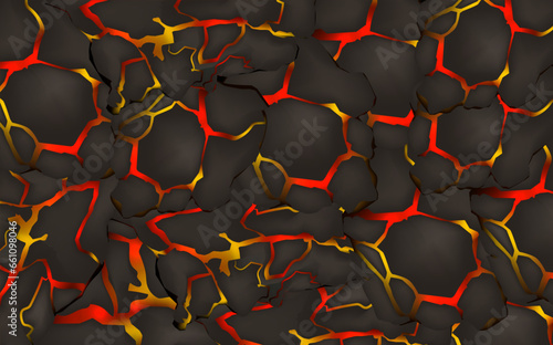 Stylized abstract background of volcano magma glow texture in cracking holes.Destroyed earth surface and flowing lava.Shine texture after an earthquake.