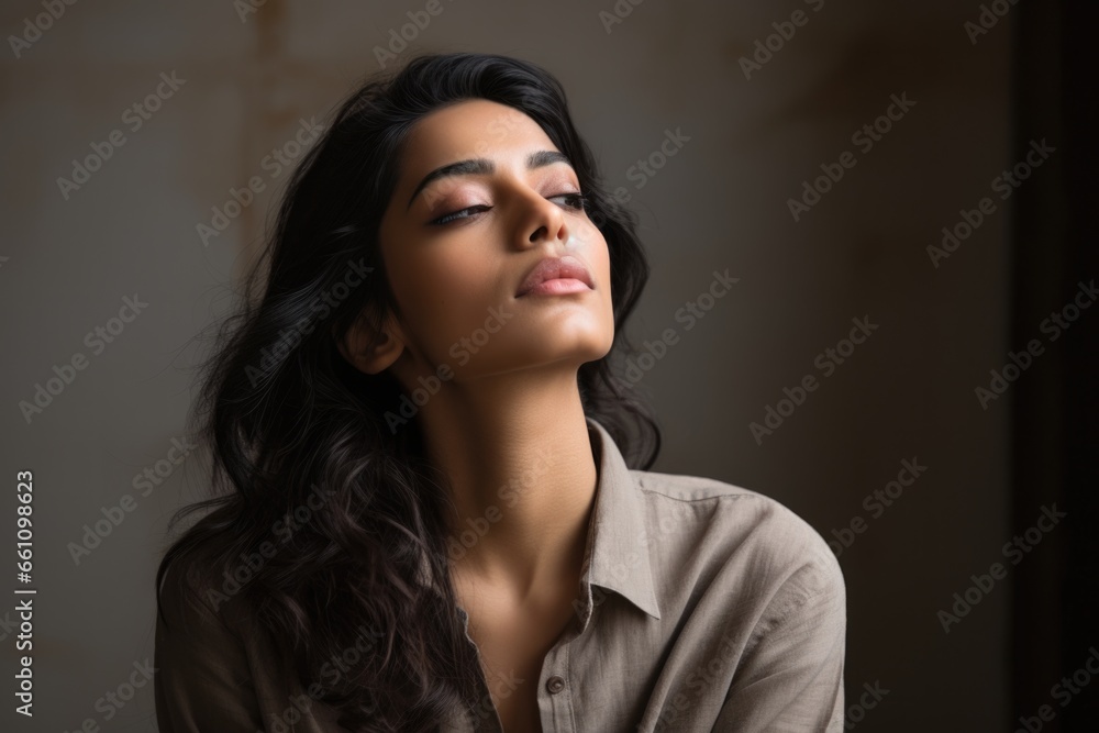 young woman thinking with pensive expression against wall background. young woman thinking with pensive expression against wall background.