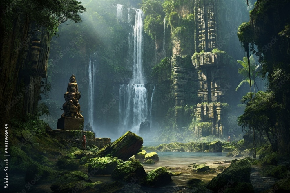 Enormous ancient protectors by waterfall and river in lush rainforest. Generative AI - obrazy, fototapety, plakaty 