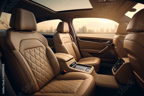 Opulent car interior with lavish leather seats, cutting-edge features, and sophisticated styling for a plush and fashionable journey. Generative AI © Kazimir