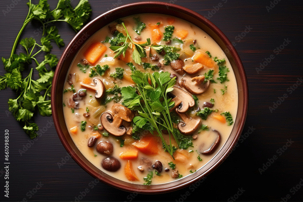 Mushroom soup with kidney bean potato and carrot top view, with empty copy space on soft brown surface Mushroom soup with kidney bean potato and carrot top view, with empty copy space on soft brown surface