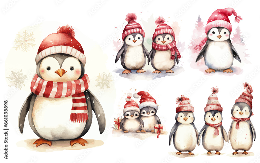 penguins and christmas winter Cherry Red and Soft Beige watercolor vectors penguins and christmas winter Cherry Red and Soft Beige watercolor vectors