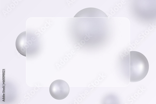 Horizontal banner with glass overlay effect with 3D balls in glass morphism style.