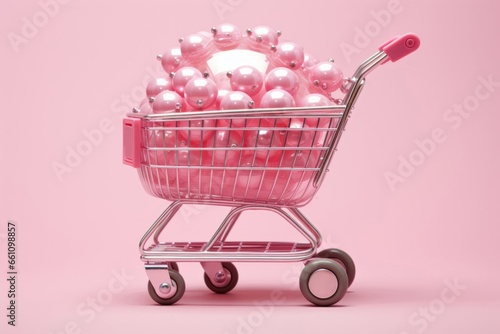 Generative AI illustration of composition of miniature shopping trolley with assorted multicolored mockup products placed on pink background photo