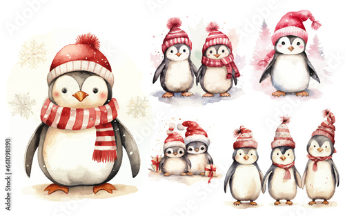 penguins and christmas winter Cherry Red and Soft Beige watercolor vectors