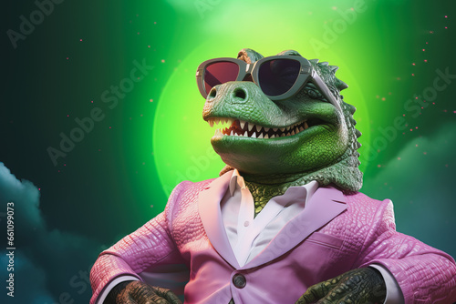 Generative AI illustration of stylish green crocodile in trendy sunglasses and outfit looking away against green background photo
