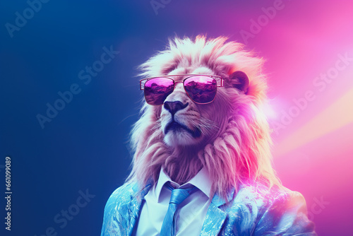Generative AI illustration of stylish white cat in trendy sunglasses and outfit looking at camera against two colored background photo