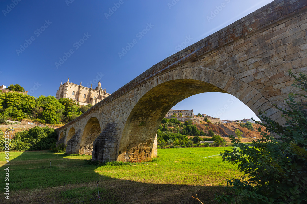 Roman Bridge and Cathedral, Coria, Caceres province, Extremadura, Spain