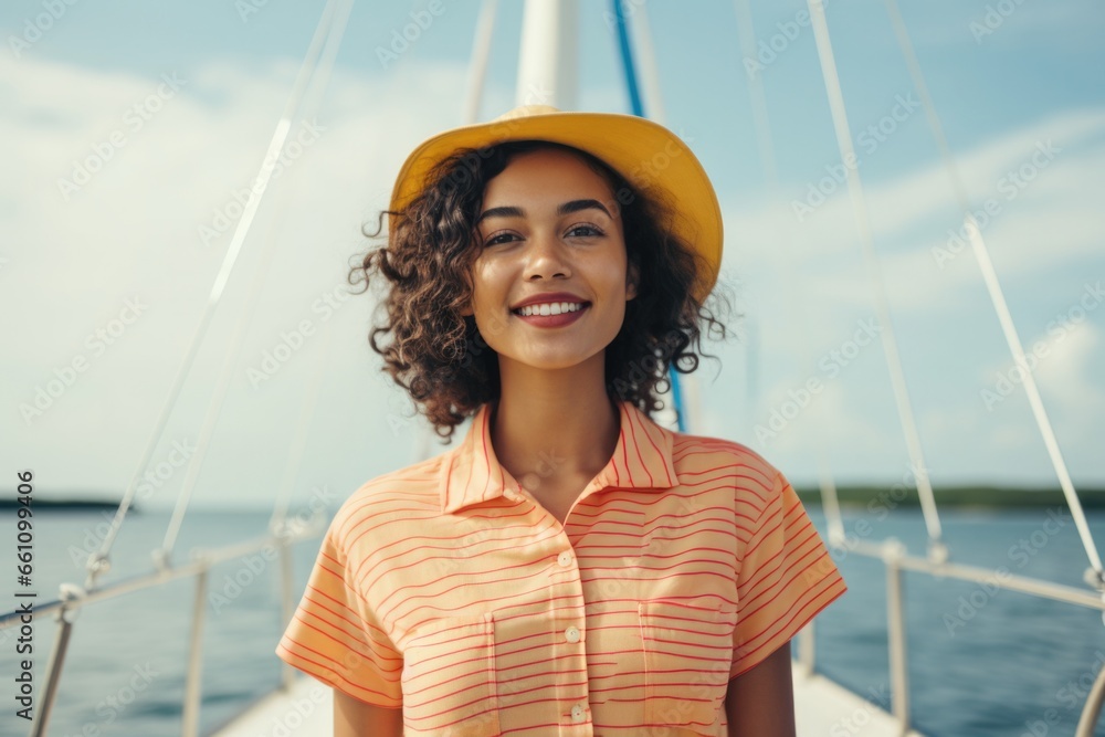 young woman happy expression sailing on a boat. 