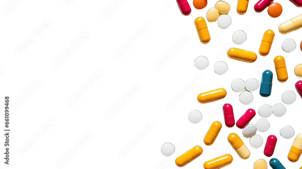 A lot of pills on transparent background. Science and health concept. - obrazy, fototapety, plakaty 