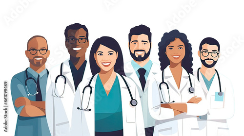 Team portrait of doctors and nurses of different ethnicities.