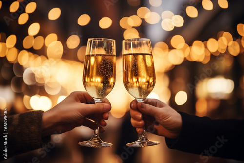 Celebrating the Winter Holidays with Champagne Toasts Amidst Golden Lights