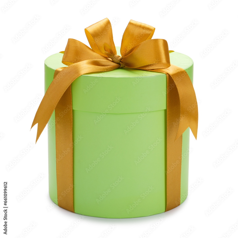 gift green round box with gold bow and ribbon