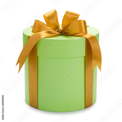 Obraz na płótnie gift green round box with gold bow and ribbon w salonie