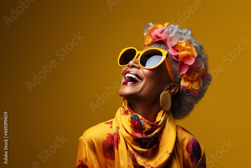 a fashionable woman wearing sunglasses in a yellow setting, smiling and laughing 