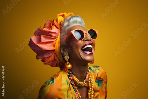 a fashionable senior woman wearing orange sunglasses, laughing and having a good time