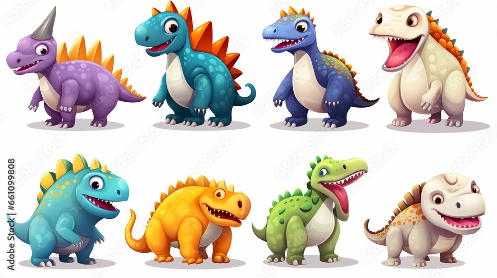 Fototapeta premium Dinosaurs cartoon character. Brachiosaurus, pterodactyl, tyrannosaurus rex, dinosaur skeleton, triceratops, stegosaurus. Funny animal 3d vector icon set