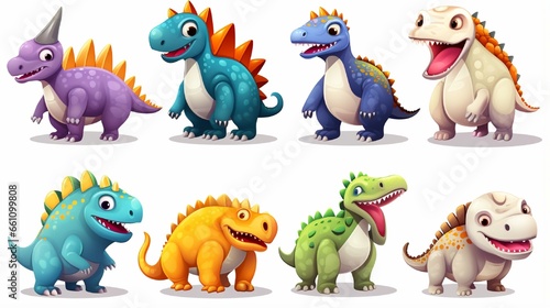 Dinosaurs cartoon character. Brachiosaurus, pterodactyl, tyrannosaurus rex, dinosaur skeleton, triceratops, stegosaurus. Funny animal 3d vector icon set