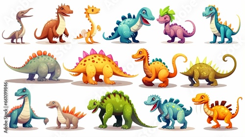 Dinosaurs cartoon character. Brachiosaurus, pterodactyl, tyrannosaurus rex, dinosaur skeleton, triceratops, stegosaurus. Funny animal 3d vector icon set © Muhammad