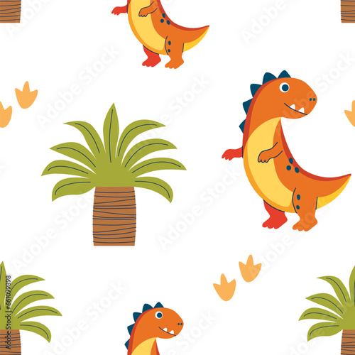 Children seamless pattern with Dino for fabrics, clothing, holidays, packaging paper, decoration. Vector illustration.
