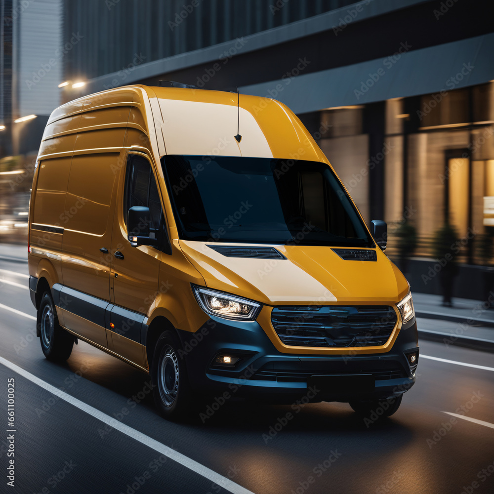 Delivery van on the road with motion blur background. Transportation concept.