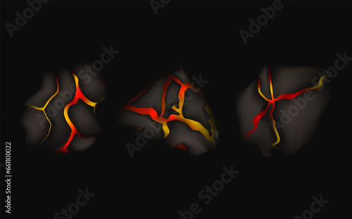 Stylized abstract background of volcano magma glow texture in cracking holes.Destroyed earth surface and flowing lava.Shine texture after an earthquake.