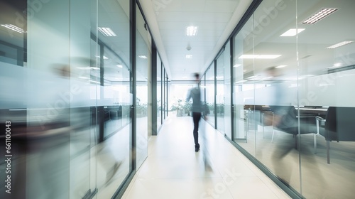 Office corridor, long exposure, motion blur effect, modern business center interior with blurred rushing people. Indoor background. Office life concept.
