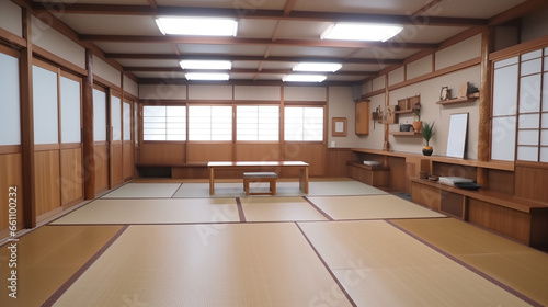 Spacious room for martial arts practicing. Traditional interior for dojo or karate school hall. Indoor background with copy space.