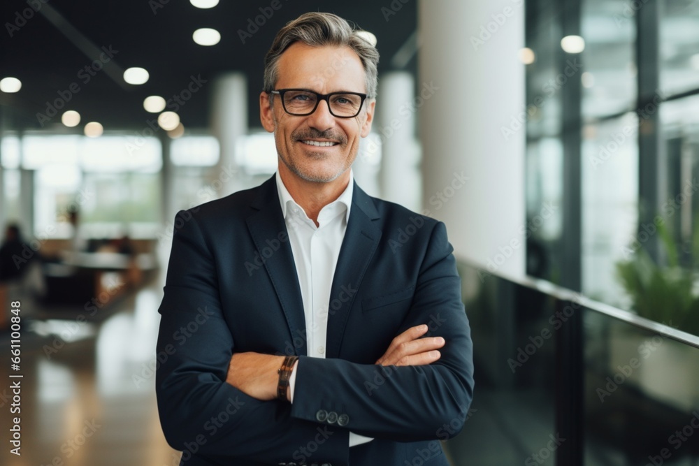 Fototapeta premium Portrait of a happy young casual businessman at office arm crossed