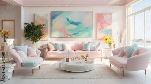 A Cozy and Elegant Living Room Interior in pastel Colors  Perfect for Relaxing and Entertaining