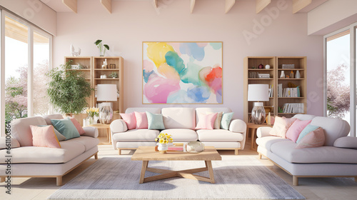 A Cozy and Elegant Living Room Interior in pastel Colors,  with colorful artwork painting photo frame.  Perfect for Relaxing and Entertaining © Kewesin