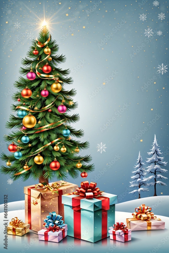 Realistic christmas tree and gift box and snowflake. New Year and Merry Christmas background.