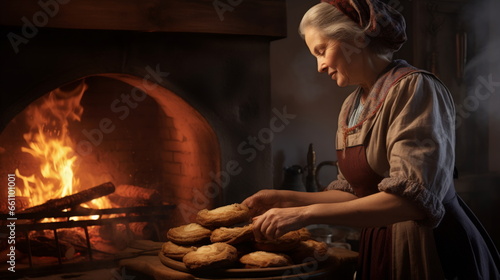 Traditional Baking: Photorealistic Portrait of an Elderly Woman Crafting Cookies by the Hearth, Rendered with Historical Accuracy and Soft Lighting Techniques photo