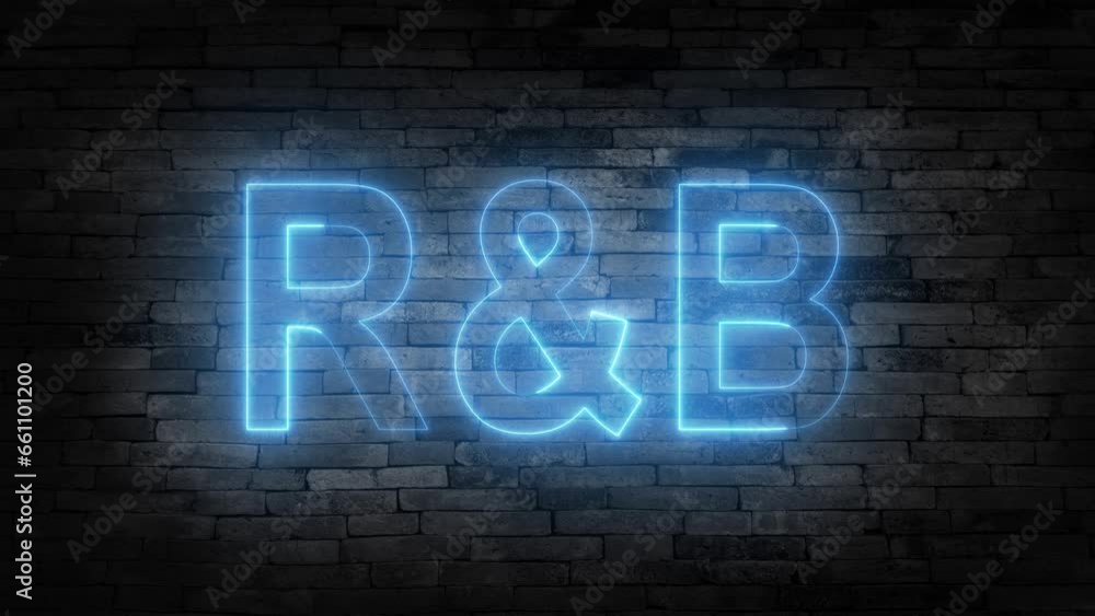 Neon glowing word 'R and B' on a black brick wall background with ...