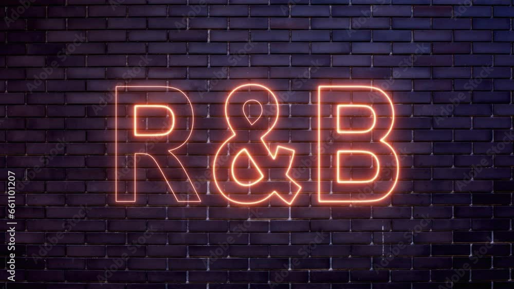 Neon glowing word 'R and B' on a black brick wall background with ...