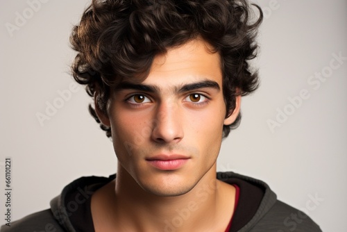 Close up portrait of curly handsome European man