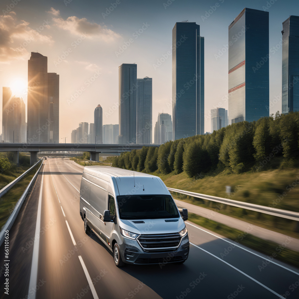 Naklejka premium Delivery van on the highway, with urban background 