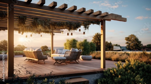 Teak wooden deck with decor furniture and ambient lighting. Side view of garden pergola with gas grill at twilight photo