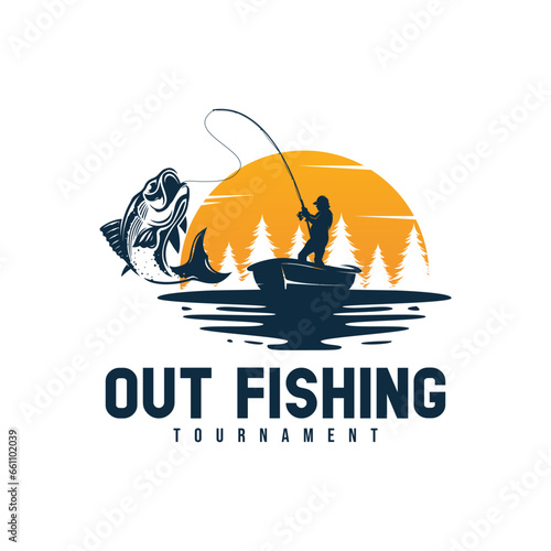 Sea fisherman silhouette in the sunset logo design