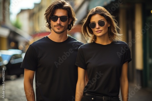Man and woman wearing blank black t-shirt photo