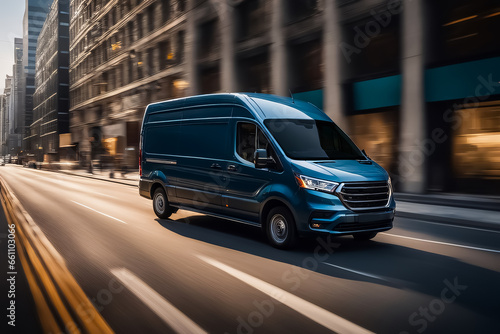 Delivery van on the road with motion blur background. Transportation concept. © Hung